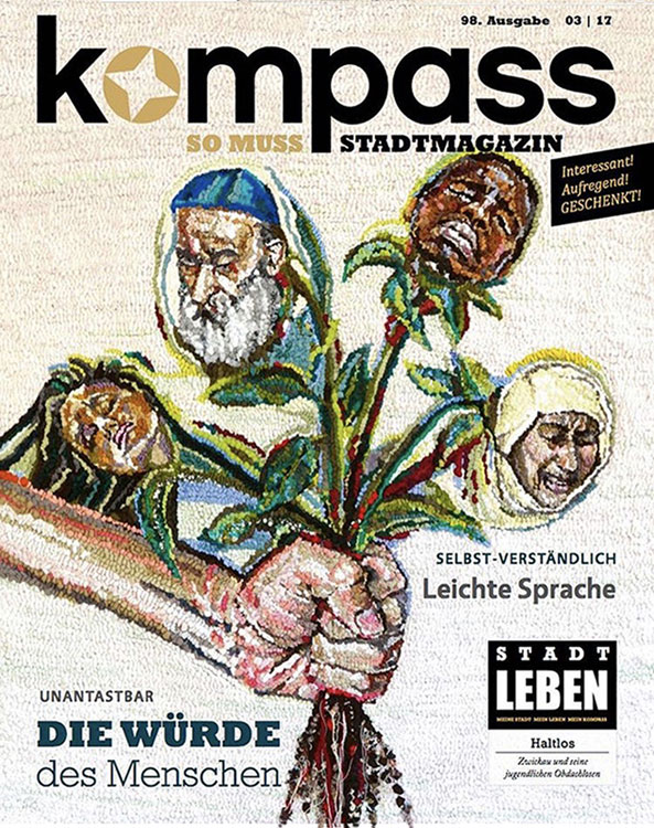 Activist Artist Linda Friedman Schmidt's “WEEDING” is featured on the cover of the March 2017 KOMPASS Magazine from Germany.