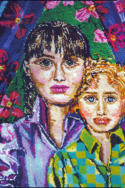 Linda Friedman Schmidt’s Stifled Sisters is a hand-hooked tapestry created from discarded clothing that tells the story of her childhood.